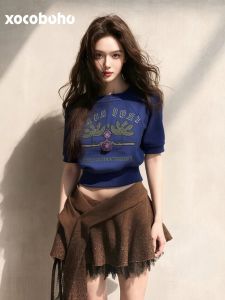 xocoboho | Chic Unique Modern Casual T-Shirt Blue Print Short Sleeves
