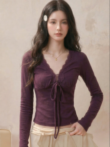 V-neck Tie-front Long-sleeve T-shirt for Women Lace Trim Fitted Slim Short