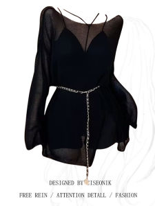 Áo Len Dệt Kim Hở Lưng Áo Khoác Chống Nắng Mùa Thu Cho Nữ Cỡ Lớn Áo Hai Mảnh Thời Trang Phong Cách Hàn Quốc Cổ Tròn Dài Vừa Phải