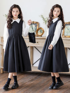 ชุดเดรสยาวแขนยาวแฟชั่นสไตล์วิทยาลัยสำหรับเด็กผู้หญิง ชุดเดรสยาวสไตล์เกาหลี ผ้าฝ้ายผสมโพลีเอสเตอร์ ฤดูใบไม้ผลิและฤดูใบไม้ร่วง