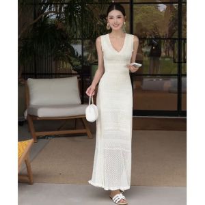 YUEZHONGWEI | Lace Hollow Ice Silk V-Neck Knit Long Dress