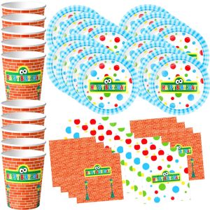 Hasbro | 60Pcs Cartoon Elmo Disposable Tableware Set for Kids Baby Shower Birthday Party Includes Paper Cups Plates Napkins Decor Kit