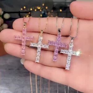 Huitan Hot Sale Female Cross Necklace Inlaid White/Pink Cubic Zirconia Fashionable Versatile Women Necklace for Party Jewelry