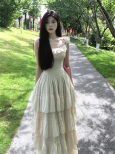 Váy Dài Tay Phong Cách Pháp Thanh Lịch Mùa Hè Cho Nữ Váy Dài Công Chúa Đi Biển Váy Dài Bằng Vải Cotton Polyester Váy Dài Không Tay