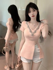 GUZILIAN | Áo len dệt kim cổ chữ V tay ngắn ôm vừa vặn sang trọng có chi tiết kim cương cho nữ mùa hè 2025 Áo chui đầu cổ chữ V