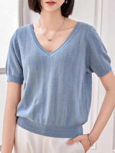 WANGGONGZHU | Princess Style Ice Silk V-Neck Short Sleeve Knitted Top Korean Version Casual Thin Summer Leisure Womens Short Length Top