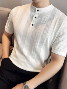 New Chinese Style Stand Collar Polo Shirt Mens Short Sleeve Summer Thin Ice Silk Hollow Knitted High-End Striped Half Sleeve T-Shirt