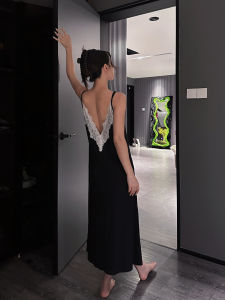 ชุดนอนผู้หญิง Doubleoo คอวี แขนกุด ผ้าโมดอล ลูกไม้ เซ็กซี่ ชุดนอนฤดูร้อน ชุดนอนผ้าฝ้ายผสมโพลีเอสเตอร์