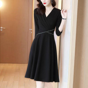 Elegant French Hepburn Style Long Black Dress Asymmetrical A-Line Skirt V-Neck Mid-Waist Commute Korean Version Summer New