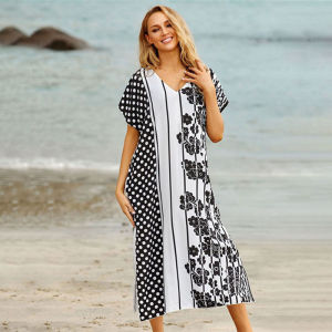 2023 Irregular Printing V-neck Beach Cover Ups Dot Short Sleeve Swimwear Kaftan Plus Size Stripe Beach Dress Maxi Dress