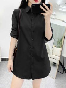 Casual Black Long Sleeve Womens Shirt College Style Outerwear Fitted Straight Cut Polyester Fiber Button Detail Spring 2025