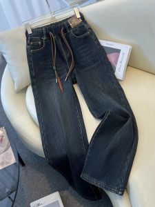 กางเกงยีนส์ขากว้างเอวยางยืดสำหรับผู้หญิง ฤดูใบไม้ผลิ ฤดูใบไม้ร่วง ฤดูหนาว กางเกงขายาวทรงตรงทรงหลวม ผ้าฝ้ายผสมโพลีเอสเตอร์