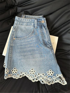 QIAONIAOGE | Light Blue Hollow Out Floral High Waist Denim Shorts Women Summer Slim A-Line Loose Hot Pants Small Size Jeans Casual Shorts