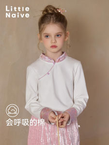 Little Naive Chinese Style Long Sleeve T-Shirt for Girls Stand Collar Base Shirt Spring Autumn New Arrival Cotton Blend Fabric