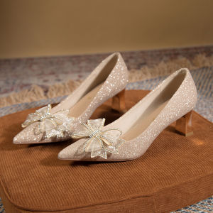 Wedding Shoes Xiuhe Wedding Dress Two-Way Crystal French-Style Bride Bridesmaid Shoes Not Tired Feet Champagne Fancy Chunky Heel Shoes Women