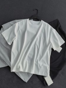 Cleanfti Mens Short Sleeve T-Shirt Basic Versatile 250g Ice Sensation Wide Boxy Style Casual Retro Small Collar Cotton Tee