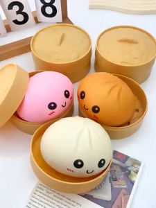 Wonderful Toys Siopao Squishy Bun Toys Squeeze Ball With Steamer Box Glitter Smiley Buns Stress Relief Fidget Toy for Kids