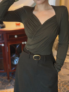 Monica French Design Long Sleeve V-neck Womens T-shirt Slim Fit Elastic Base Shirt Commute Style Autumn Season Pure Color