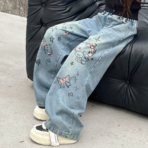 เด็กผู้หญิง ทันสมัย ขากว้าง กางเกงยีนส์ ฤดูใบไม้ร่วง 2024 New Print Straight Leg กางเกง High เอว กางเกงขายาว For Junior High School Girls