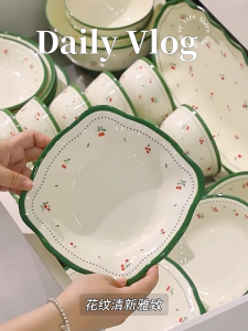 Mewah Selamat Set Pinggan Mangkuk Seramik dinner wedding microwave gifts Green Underglaze Color Ceramic Tableware Fresh Style Dinner Bowls Plates High Aesthetic Dish Porcelain Soup bowl plate Set