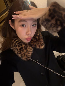 YOZO STUDIO Thickened Short Coat Single Button Fur Collar Design Leopard Print Womens Winter Outerwear Fashionable Top