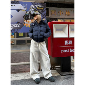 Chuan Chuan Ya Jia American High Street Fleece Lined Patchwork Trousers Winter New Style Wide Leg Drawstring Long Pants