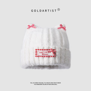 GOLD ARTIST | White Grid Bow Cat Ears Knitted Cap