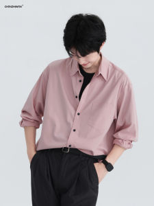 ChenZhiwen Spring New Casual Loose Anti-Wrinkle High-Tech Bamboo Fiber Micro-Elastic Pink Long Sleeve Mens Shirt Casual Wear