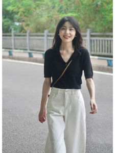 YUANYA | V-neck Short Sleeve Design Ice Silk Knit Shirt