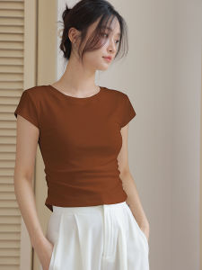 Café Brown Womens Short High Waist T-Shirt Slim Fit round Neck Waist Cinching Half Sleeve Simple Versatile Summer Fashionable Top