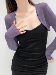 เสื้อคาร์ดิแกนแขนยาวผ้าโปร่งสีม่วงหรูหรา ชุดเดรสฤดูร้อนสำหรับผู้หญิง เสื้อคลุมกันหนาวแบบสั้น ผ้าโปร่ง แขนยาว เสื้อคลุมผู้หญิง