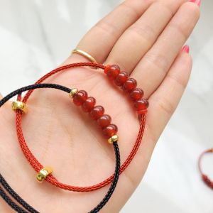 Q579 Vòng ngũ điếu Ngọc Agate Đỏ 8li dây cáp Hỏa và Thổ - Phong Thuỷ TUDO P