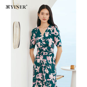 YINER | Elegant Fashionable Art Print V-Neck Fitted Autumn Dress