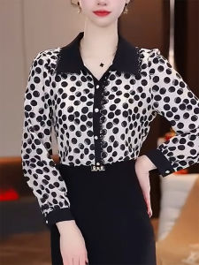 QINGNAER | Versatile Slimming Large-sized Polka Dot Printed Collar Contrast Long-sleeve Shirt