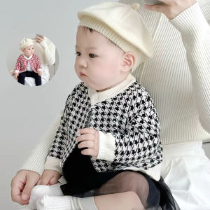 เสื้อคาร์ดิแกนถักลายสก็อตสำหรับเด็กชายและเด็กหญิง เสื้อคลุมกันหนาวแบบสวมหัวแขนยาวปกติสำหรับฤดูใบไม้ผลิและฤดูใบไม้ร่วง