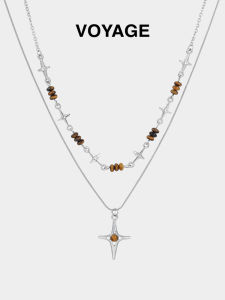 Womens Titanium Steel Starburst Cross Pendant Necklace Tiger Eye Stone Beads Sweater Chain Multi-Layered Fashion Jewelry