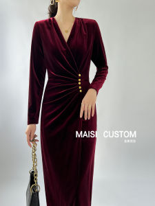 MASSCSALLY | High-end Red Velvet Slim V-neck Elegant Dress