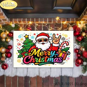 VIKAMA Rock Christmas Doormat Graffiti Santa Claus Design Non Slip Washable Entryway Rug Cozy Festive Christmas Party Home Decor