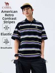 CAMEL | Vintage Striped Loose Short Sleeve Polo Shirt