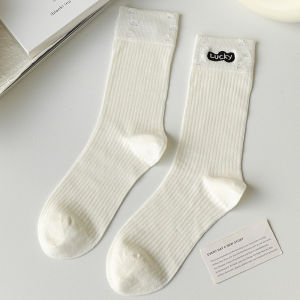 No Show Socks Women Summer Thin New White Mid-Calf Smiley Face Korean Version Long Tube Socks Spring Autumn Trendy Cotton Fabric