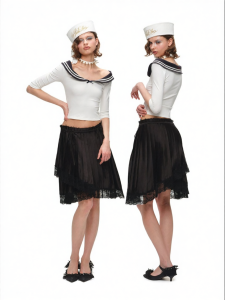 1JINN STUDIO | Vintage Sailor School Style Off-Shoulder Fitted Waist Mid-Sleeve Knit T-Shirt