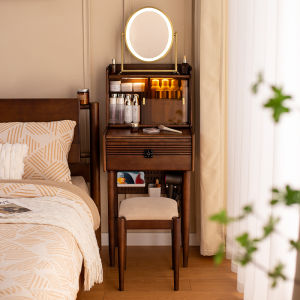 Small Size Solid Wood Makeup Table with Fingerprint Lock Drawer Master Bedroom French Vintage Style 50cm Wooden Makeup Desk