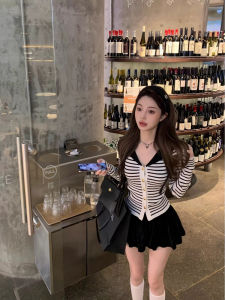 French Stripe Navy Collar Long Sleeve Knitted Open Cardigan Women Winter New Sweet Spicy Slim Fit Base Shirt Top