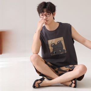 Miiow | Mens Summer Lightweight Breathable Pure Cotton Sleepwear Short Sleeve Shorts Set Casual Solid Color Plus Size Home Clothes