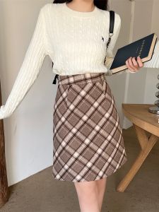 Khaki Plaid Woolen Mini Skirt Women plus Size High Waist A-Line Skirts Retro American Style Student Short Skirts