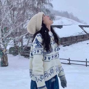 Thickened Double Zipper Knitted Christmas Sweater Coat Womens Autumn Winter Vintage Fair Isle Blue White Retro Style Cardigan