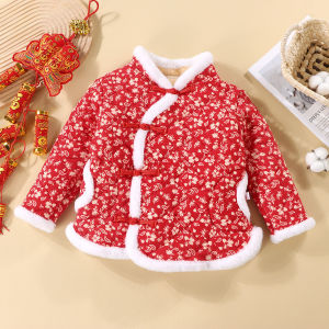 Thickened Fleece Childrens Northeast Big Flower Cotton Jacket Winter Warm Clothes for Girls Traditional Chinese Style New Year Visiting Clothes