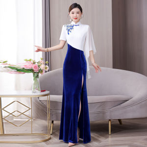 ชุดยาวผ้ากำมะหยี่ไหมระดับไฮเอนด์ 2025 สำหรับการแสดงบนเวที ชุดราตรียาว ฤดูหนาว ชุดยาวปานกลาง ชุดทำงานสไตล์ย้อนยุค