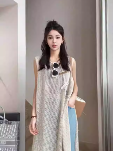 New Chinese Style Loose Sleeveless Knit Dress for Women Spring Summer Fashion Casual Asymmetrical Cut Out Crewneck Pullover