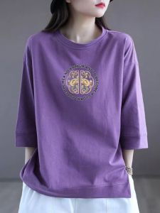 Pure Cotton Spring & Fall New Arrival Tops 3/4 Sleeve round Neck Floral Print Mid-Length Sleeves New Chinese Style Casual T-shirt Bottoming Shirt for Women